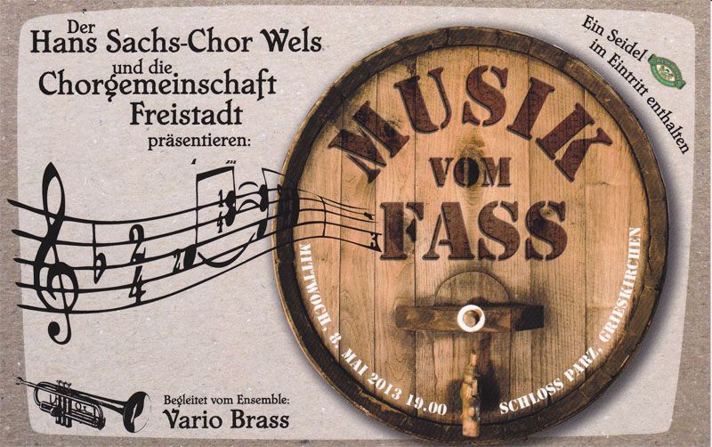 Flyer zu Musik vom Fass im Schloss Parz am 8. Mai 2013